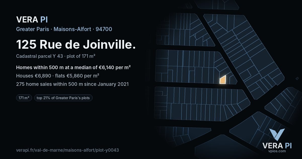 125 Rue de Joinville, Maisons-Alfort at night – the plot lit, the parcels around coloured by the prices near them