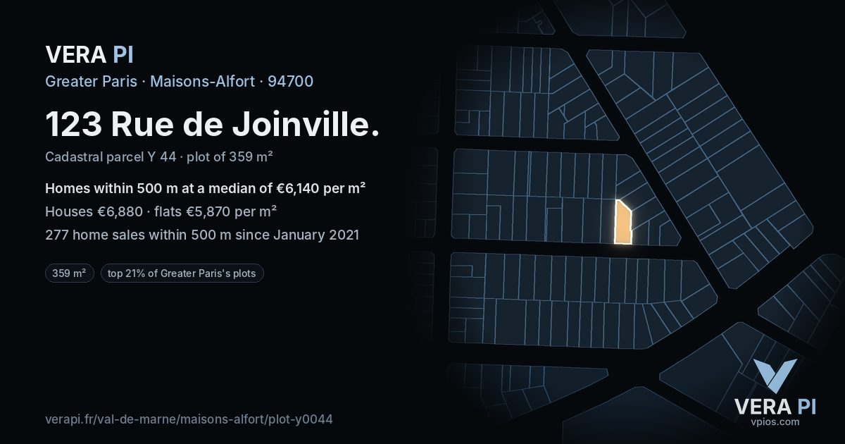 123 Rue de Joinville, Maisons-Alfort at night – the plot lit, the parcels around coloured by the prices near them