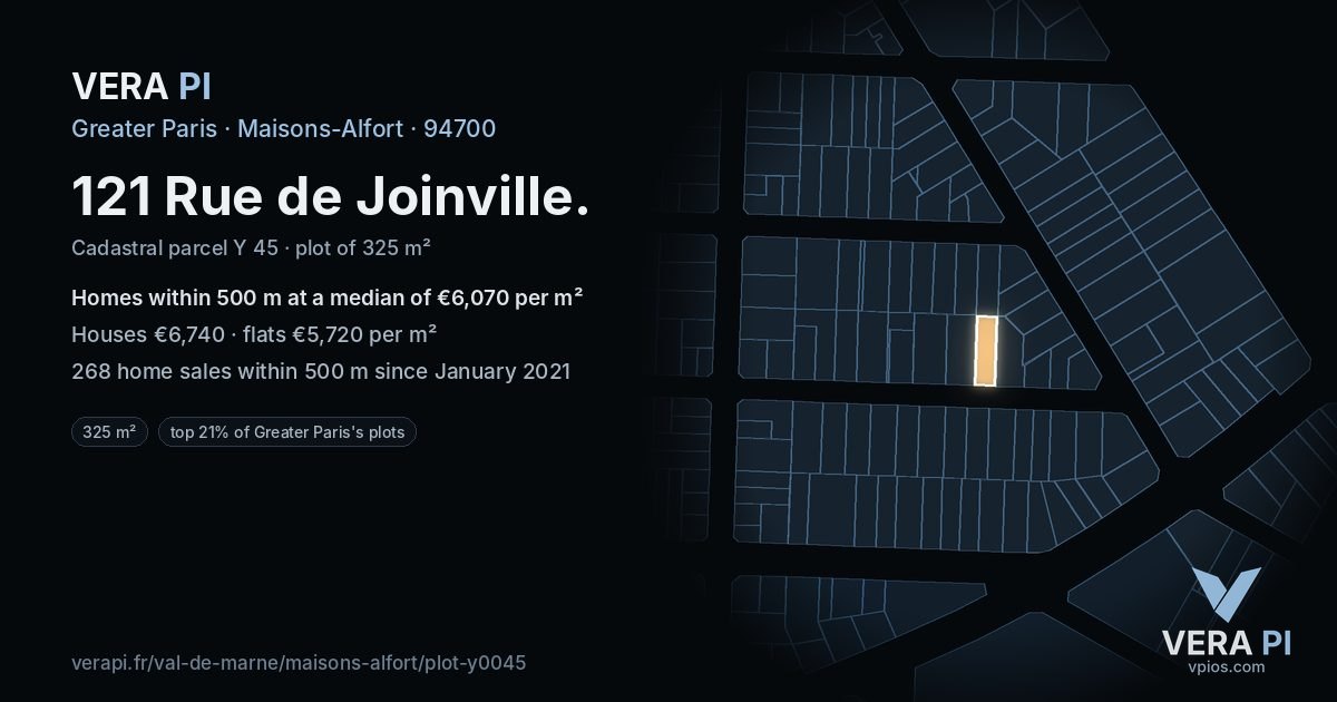 121 Rue de Joinville, Maisons-Alfort at night – the plot lit, the parcels around coloured by the prices near them