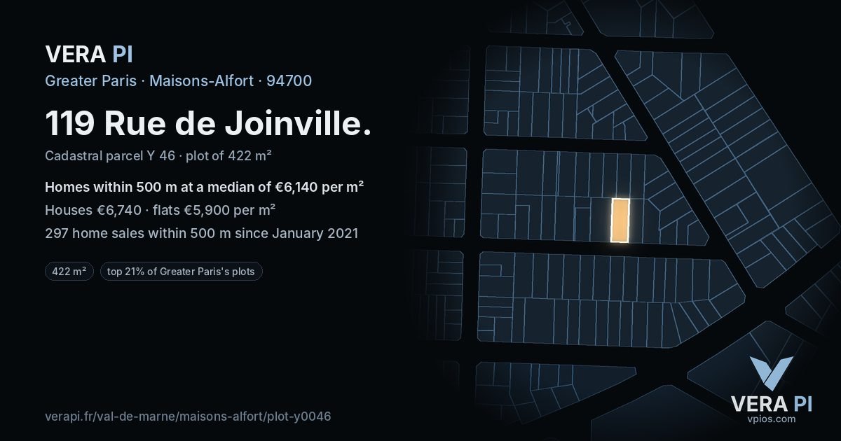 119 Rue de Joinville, Maisons-Alfort at night – the plot lit, the parcels around coloured by the prices near them