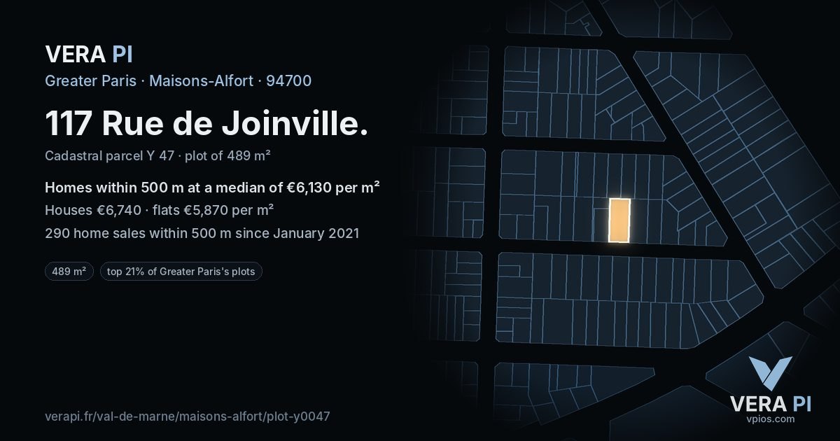 117 Rue de Joinville, Maisons-Alfort at night – the plot lit, the parcels around coloured by the prices near them