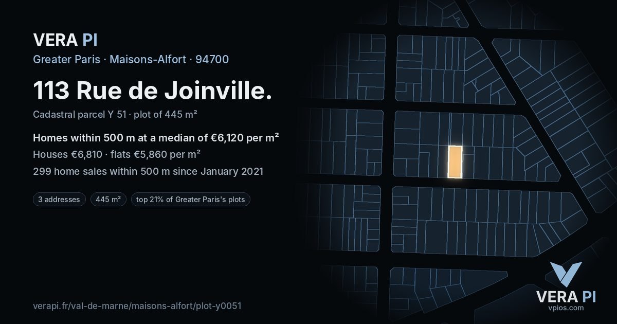 113 Rue de Joinville, Maisons-Alfort at night – the plot lit, the parcels around coloured by the prices near them