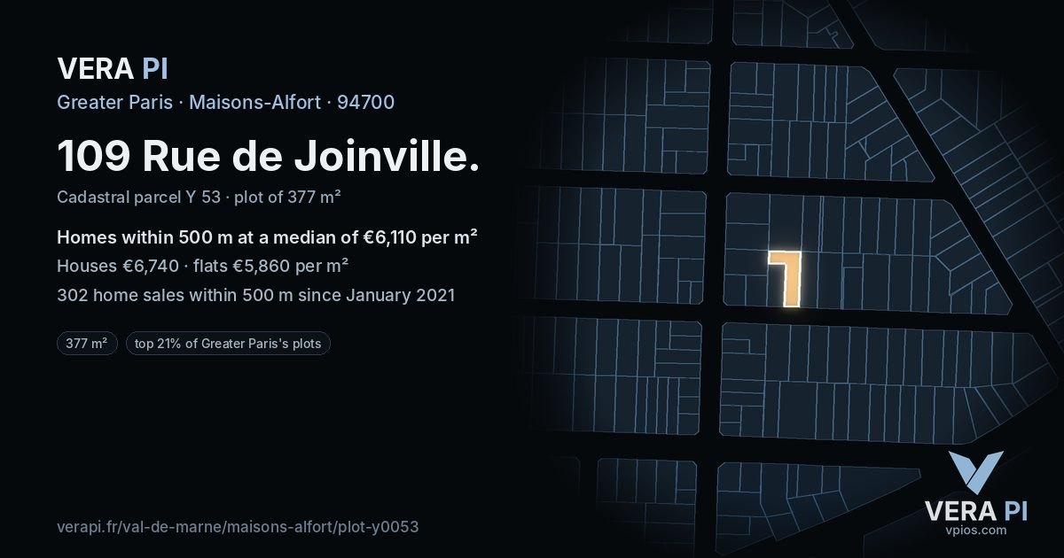 109 Rue de Joinville, Maisons-Alfort at night – the plot lit, the parcels around coloured by the prices near them