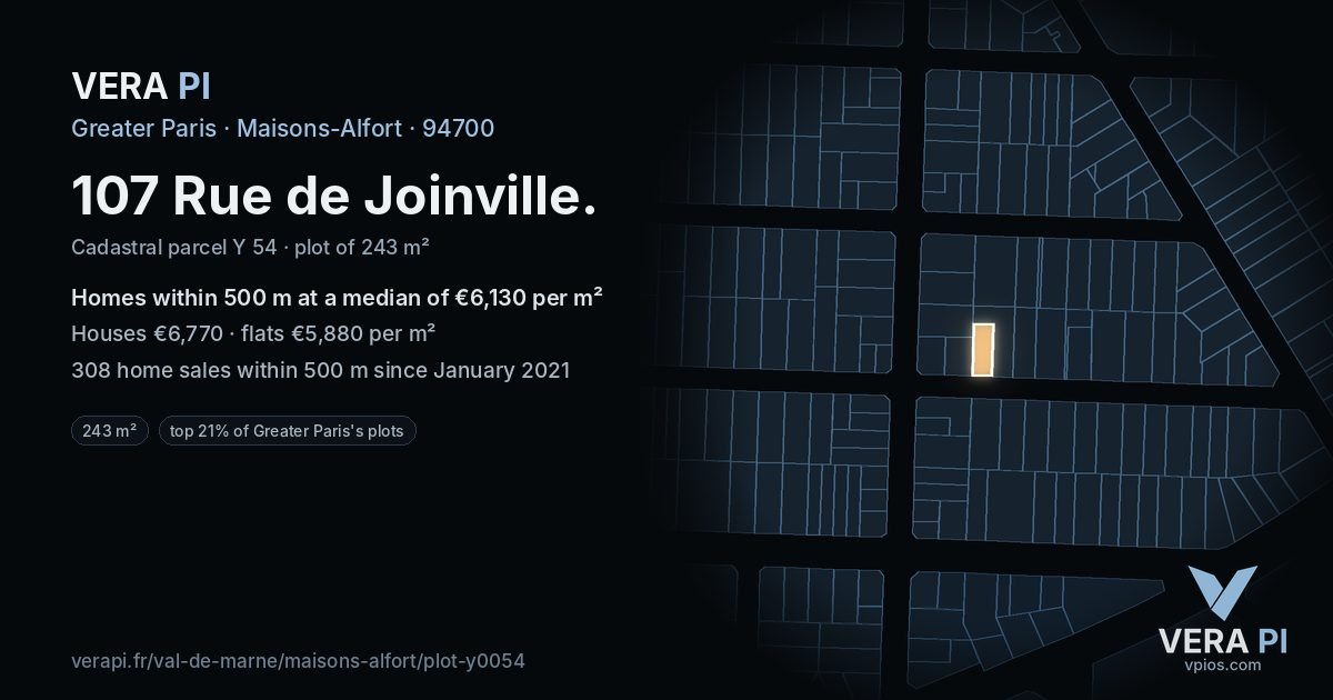 107 Rue de Joinville, Maisons-Alfort at night – the plot lit, the parcels around coloured by the prices near them