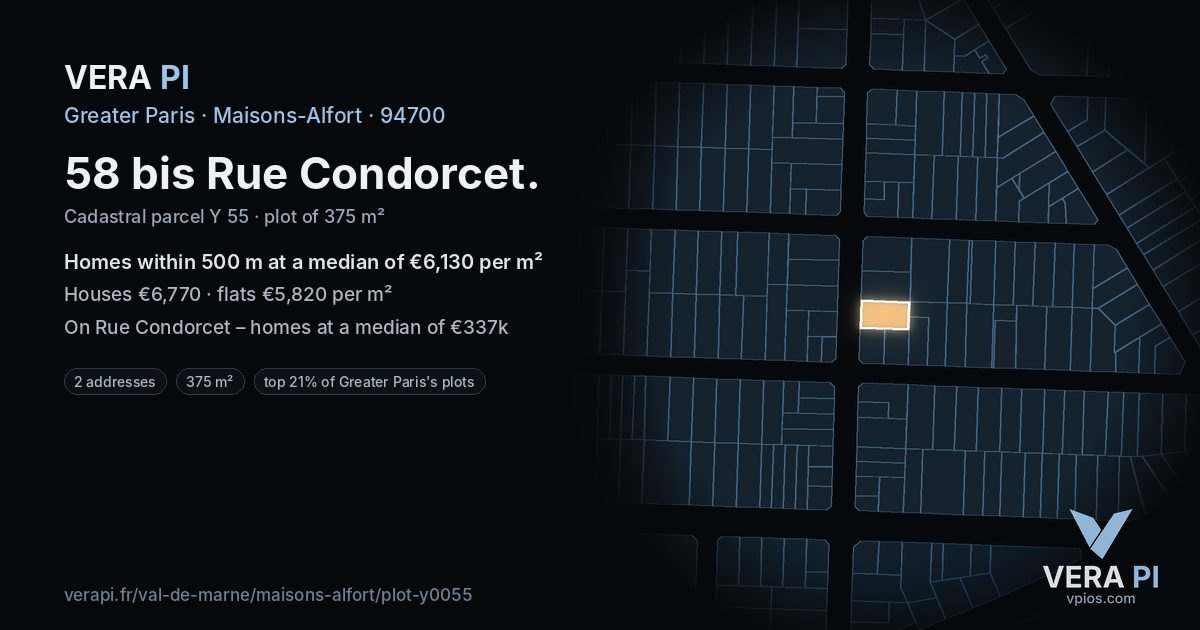 58 bis Rue Condorcet, Maisons-Alfort at night – the plot lit, the parcels around coloured by the prices near them