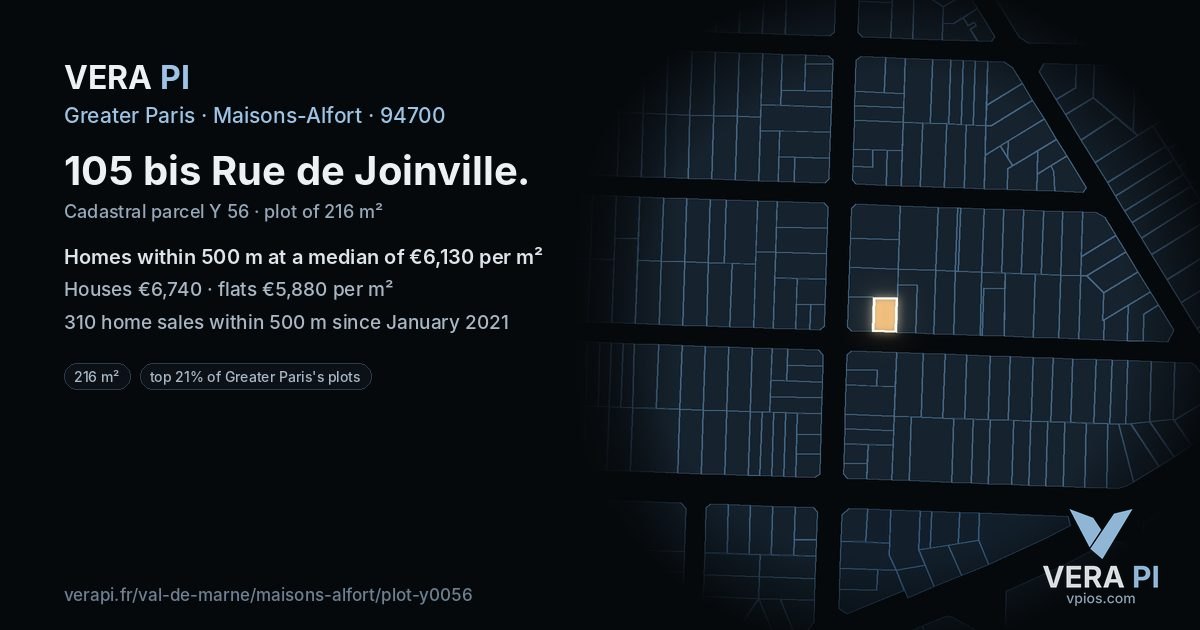 105 bis Rue de Joinville, Maisons-Alfort at night – the plot lit, the parcels around coloured by the prices near them