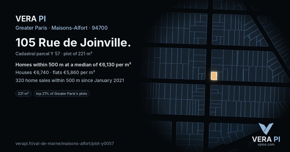 105 Rue de Joinville, Maisons-Alfort at night – the plot lit, the parcels around coloured by the prices near them