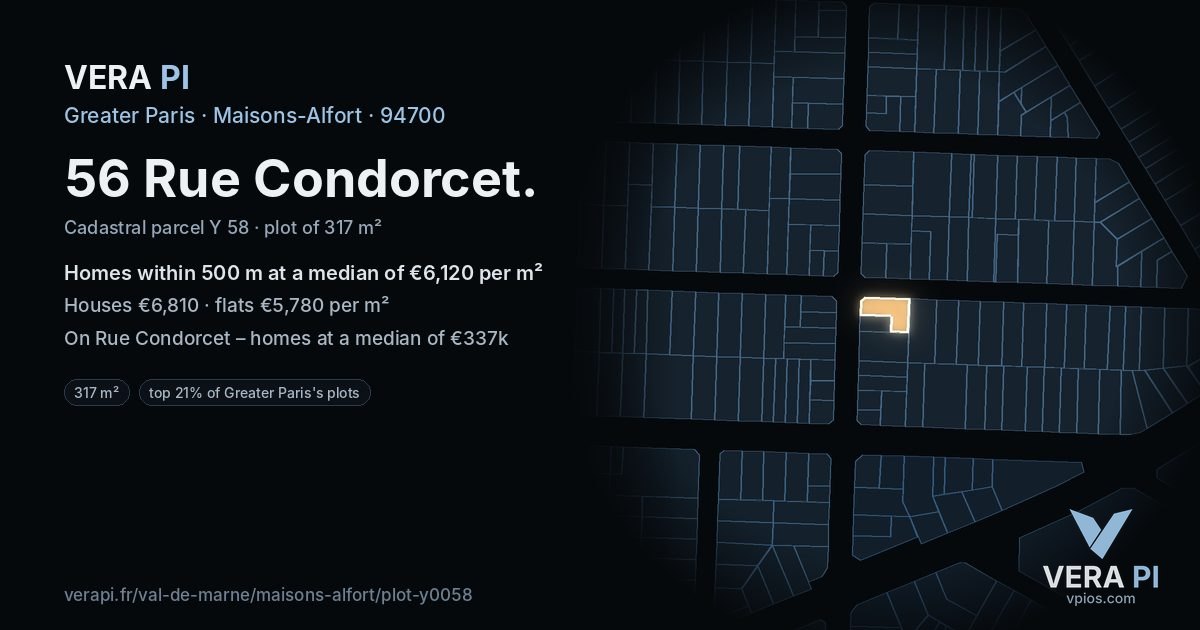56 Rue Condorcet, Maisons-Alfort at night – the plot lit, the parcels around coloured by the prices near them