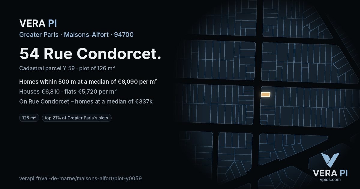 54 Rue Condorcet, Maisons-Alfort at night – the plot lit, the parcels around coloured by the prices near them