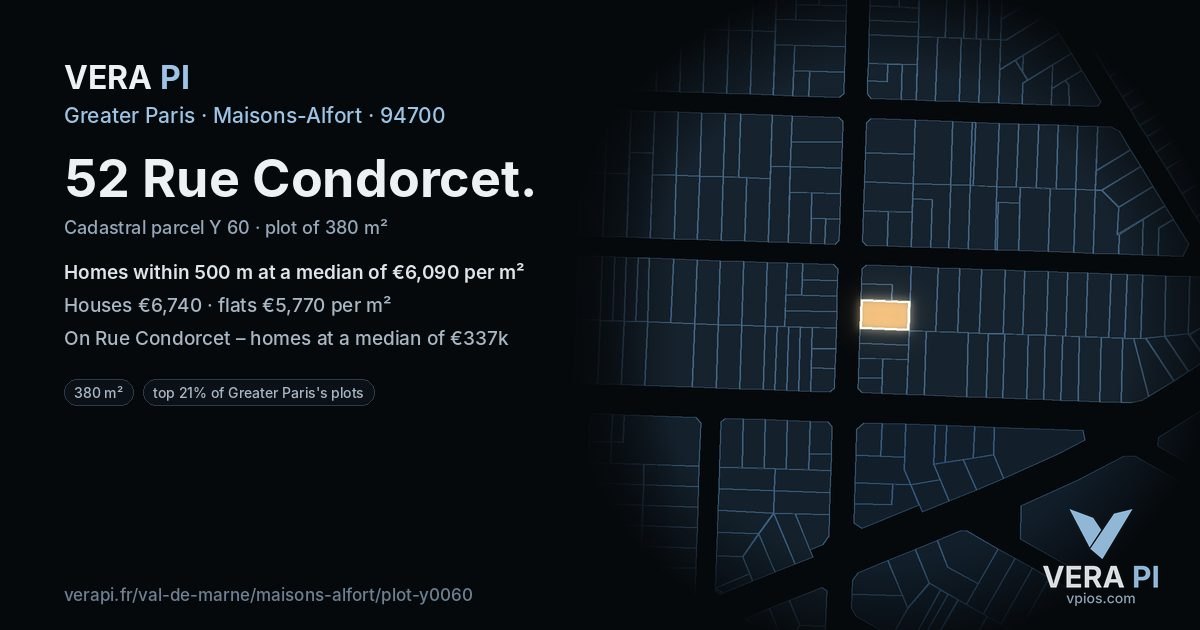 52 Rue Condorcet, Maisons-Alfort at night – the plot lit, the parcels around coloured by the prices near them