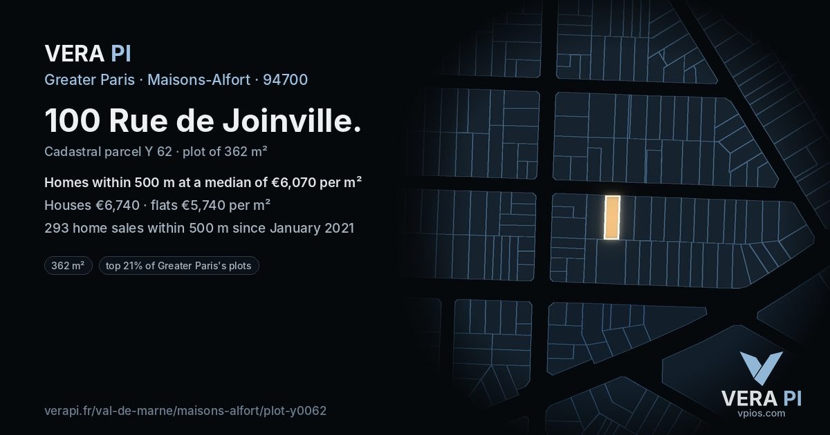 100 Rue de Joinville, Maisons-Alfort at night – the plot lit, the parcels around coloured by the prices near them