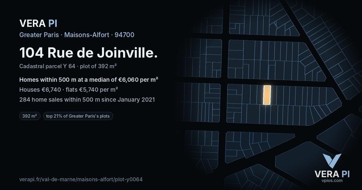 104 Rue de Joinville, Maisons-Alfort at night – the plot lit, the parcels around coloured by the prices near them