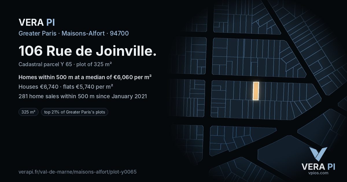 106 Rue de Joinville, Maisons-Alfort at night – the plot lit, the parcels around coloured by the prices near them