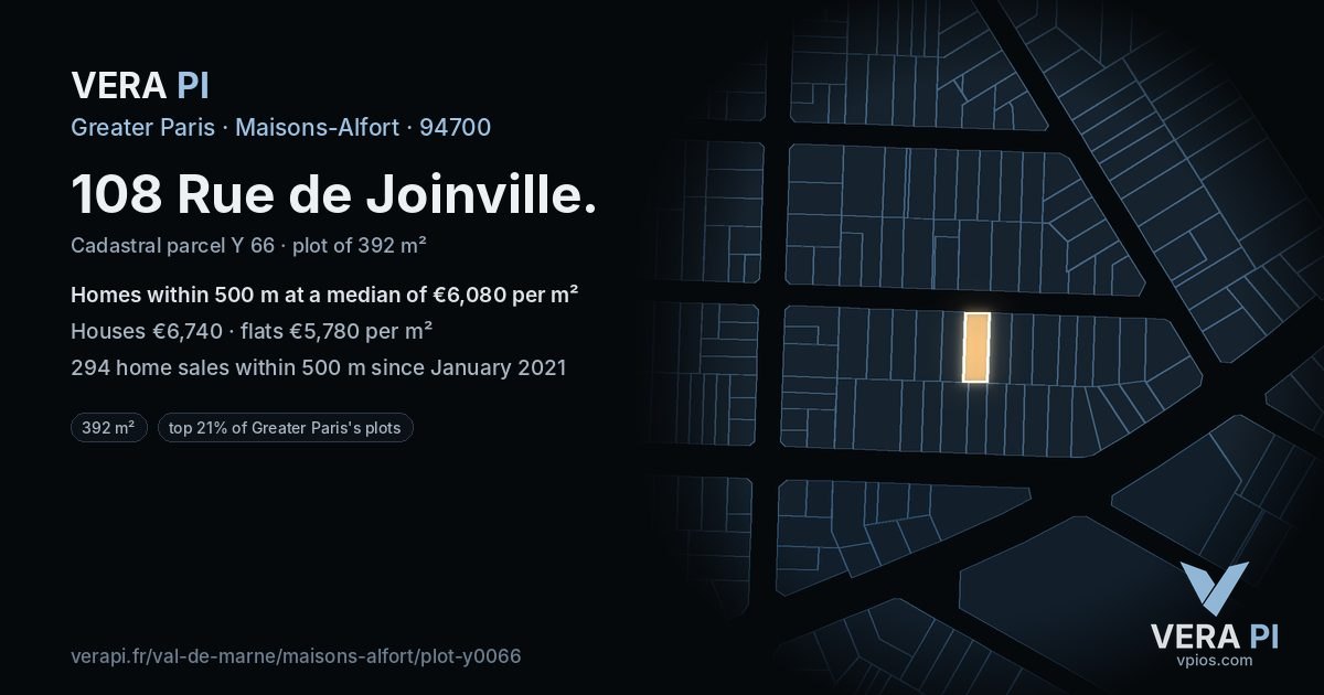 108 Rue de Joinville, Maisons-Alfort at night – the plot lit, the parcels around coloured by the prices near them