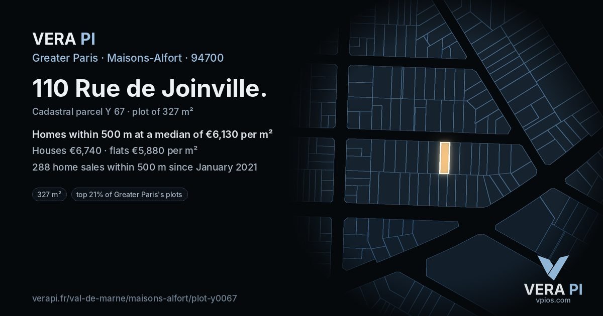 110 Rue de Joinville, Maisons-Alfort at night – the plot lit, the parcels around coloured by the prices near them
