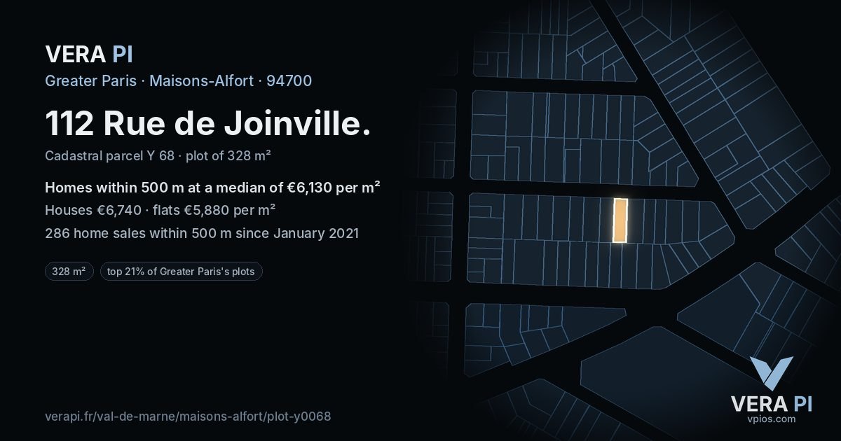 112 Rue de Joinville, Maisons-Alfort at night – the plot lit, the parcels around coloured by the prices near them