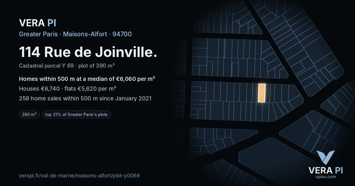 114 Rue de Joinville, Maisons-Alfort at night – the plot lit, the parcels around coloured by the prices near them