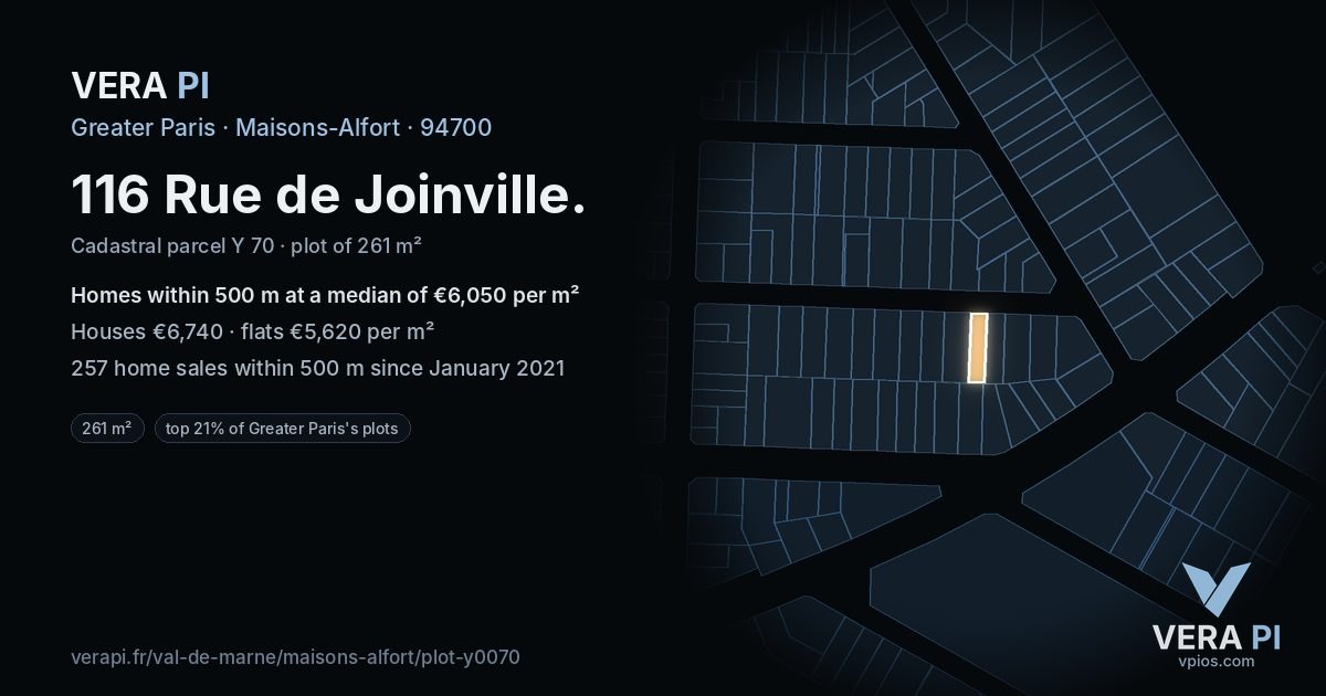 116 Rue de Joinville, Maisons-Alfort at night – the plot lit, the parcels around coloured by the prices near them