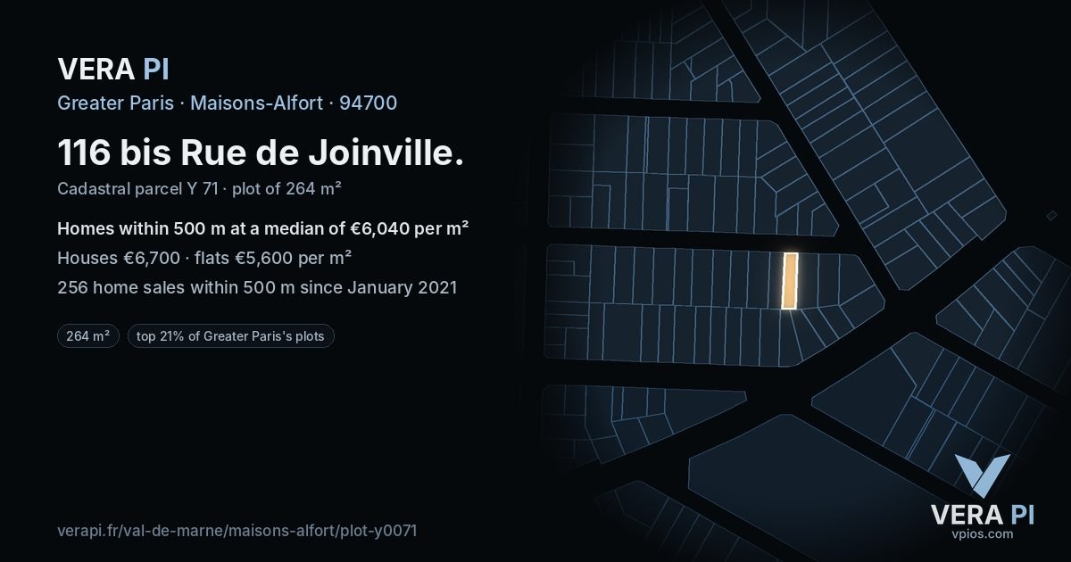 116 bis Rue de Joinville, Maisons-Alfort at night – the plot lit, the parcels around coloured by the prices near them