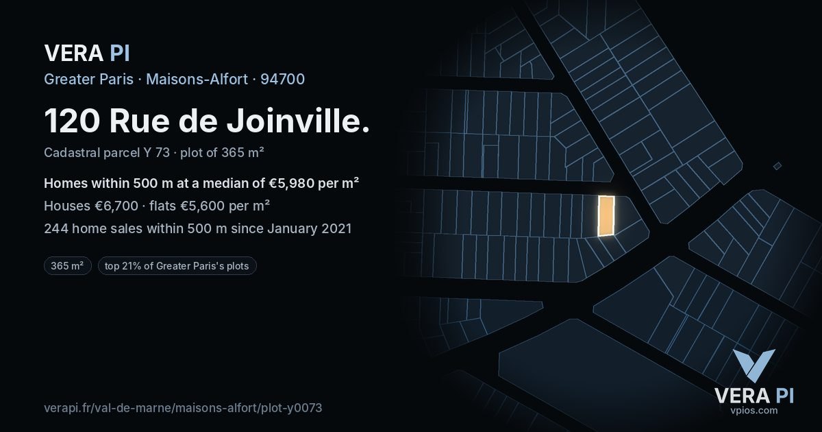 120 Rue de Joinville, Maisons-Alfort at night – the plot lit, the parcels around coloured by the prices near them