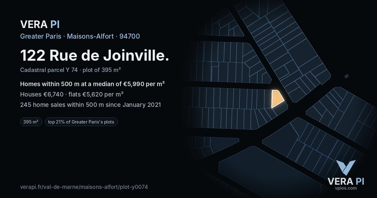 122 Rue de Joinville, Maisons-Alfort at night – the plot lit, the parcels around coloured by the prices near them