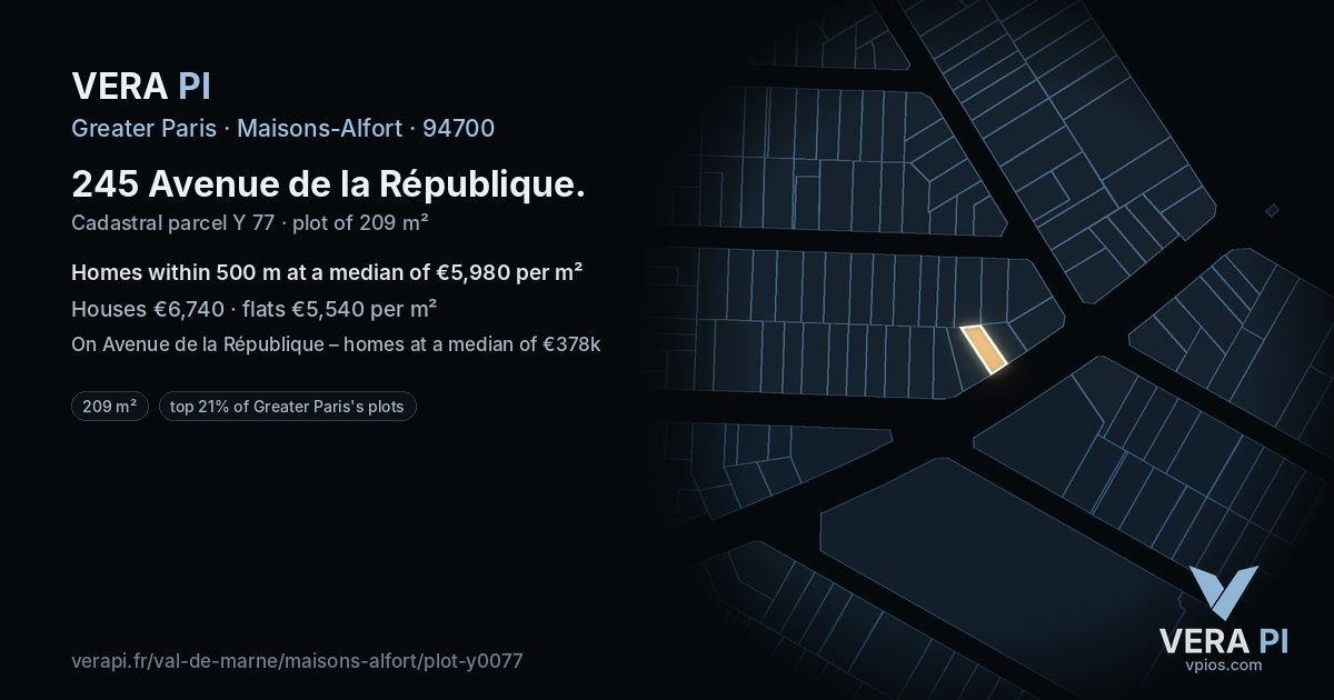 245 Avenue de la République, Maisons-Alfort at night – the plot lit, the parcels around coloured by the prices near them