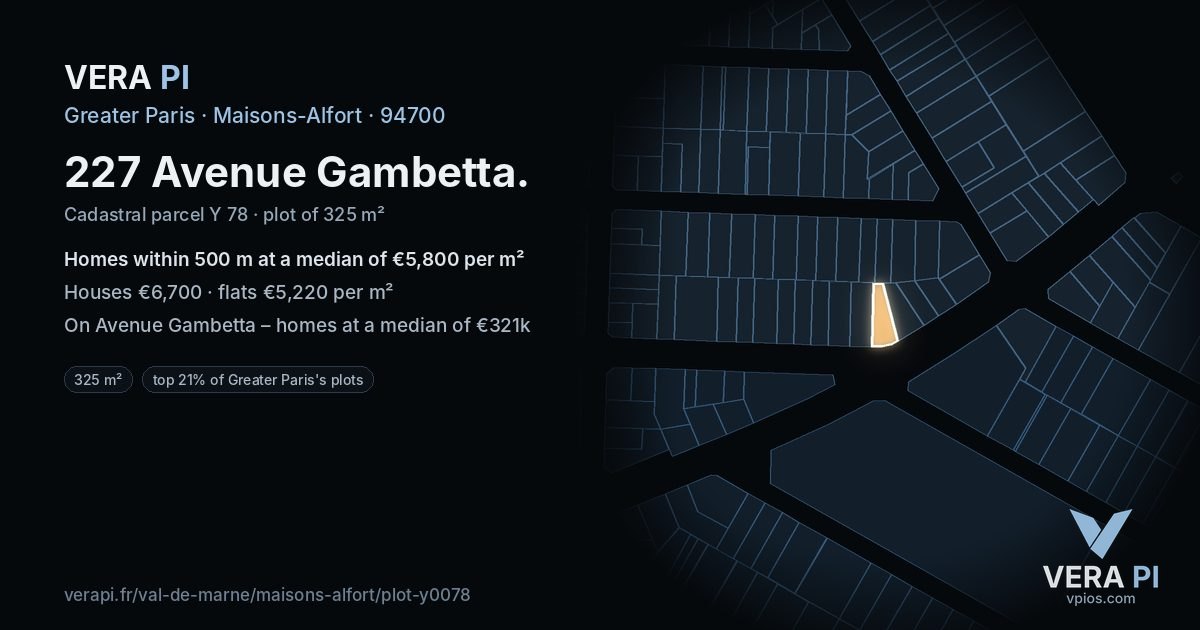 227 Avenue Gambetta, Maisons-Alfort at night – the plot lit, the parcels around coloured by the prices near them