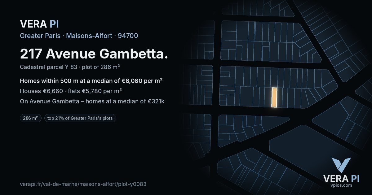 217 Avenue Gambetta, Maisons-Alfort at night – the plot lit, the parcels around coloured by the prices near them