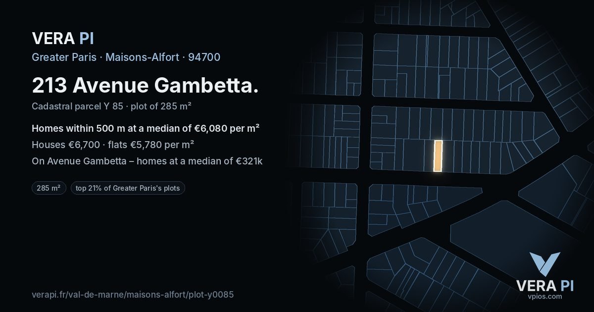 213 Avenue Gambetta, Maisons-Alfort at night – the plot lit, the parcels around coloured by the prices near them