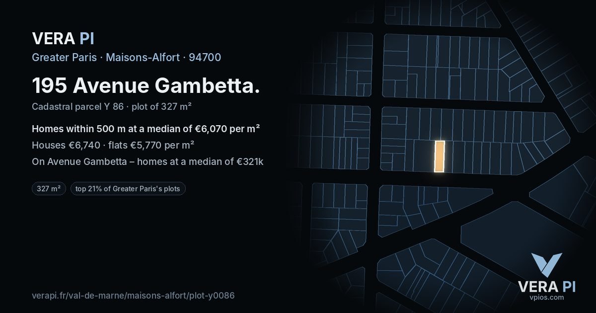 195 Avenue Gambetta, Maisons-Alfort at night – the plot lit, the parcels around coloured by the prices near them
