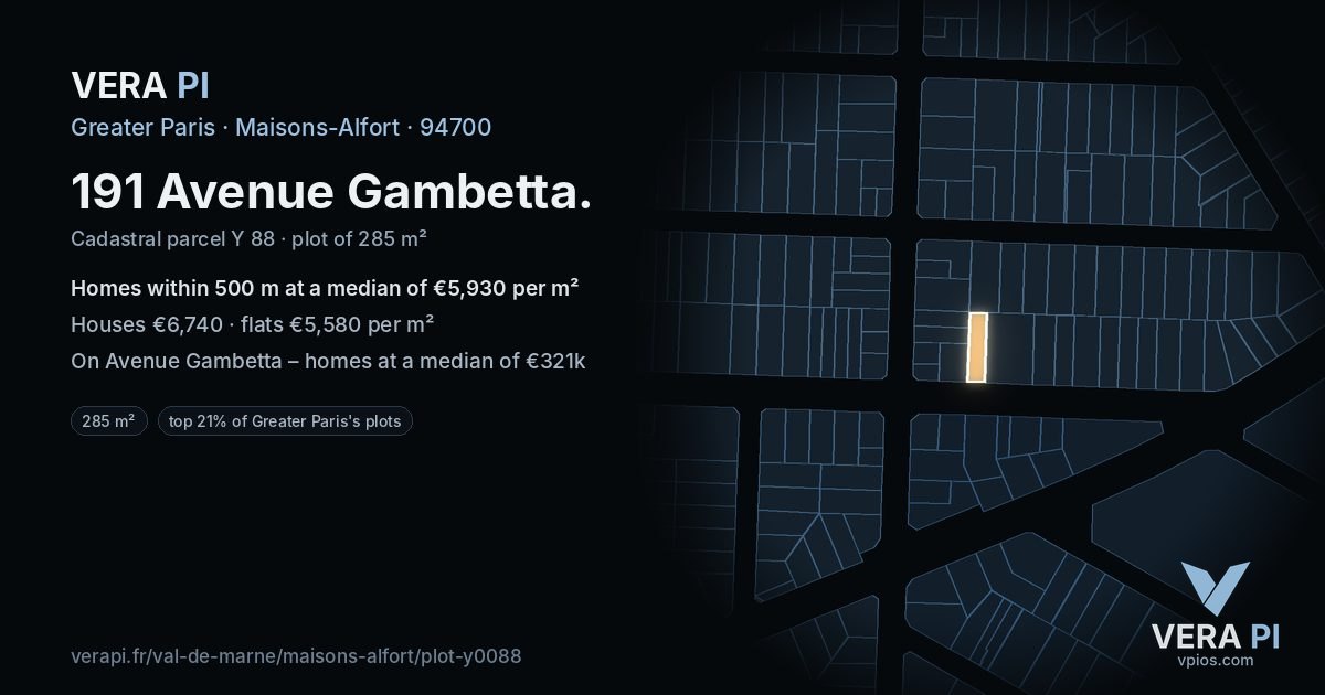 191 Avenue Gambetta, Maisons-Alfort at night – the plot lit, the parcels around coloured by the prices near them