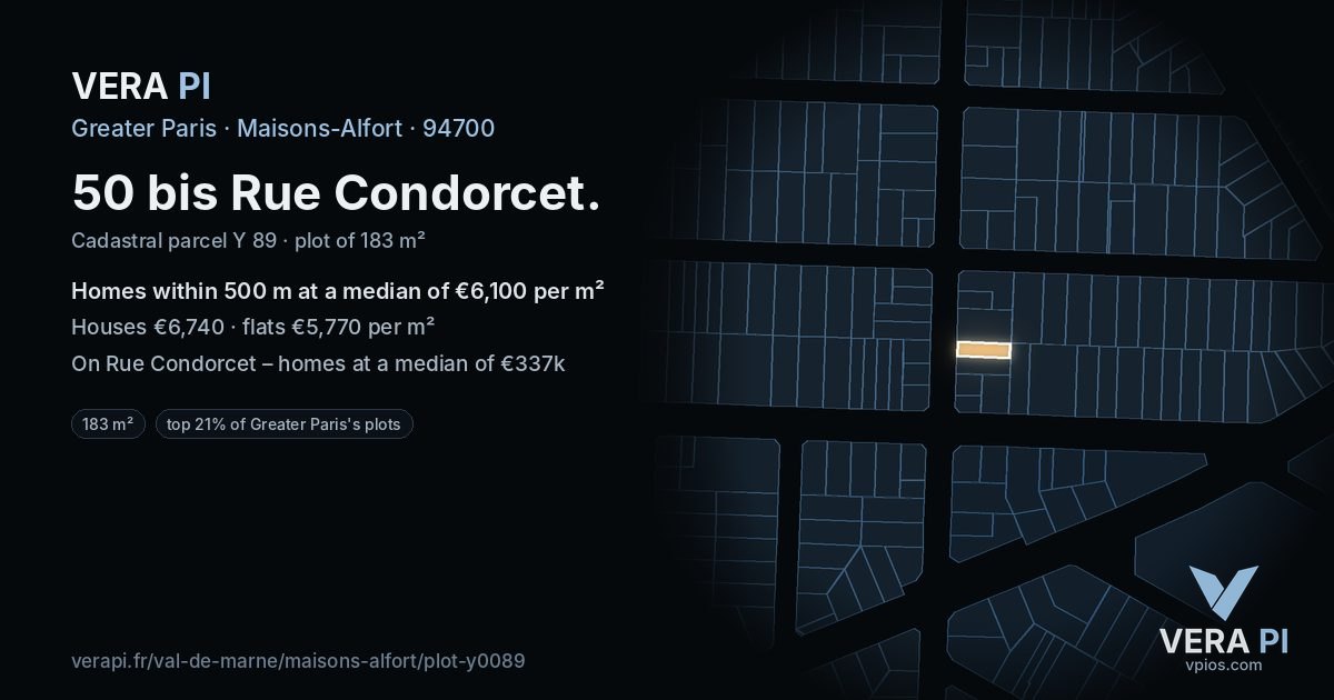 50 bis Rue Condorcet, Maisons-Alfort at night – the plot lit, the parcels around coloured by the prices near them