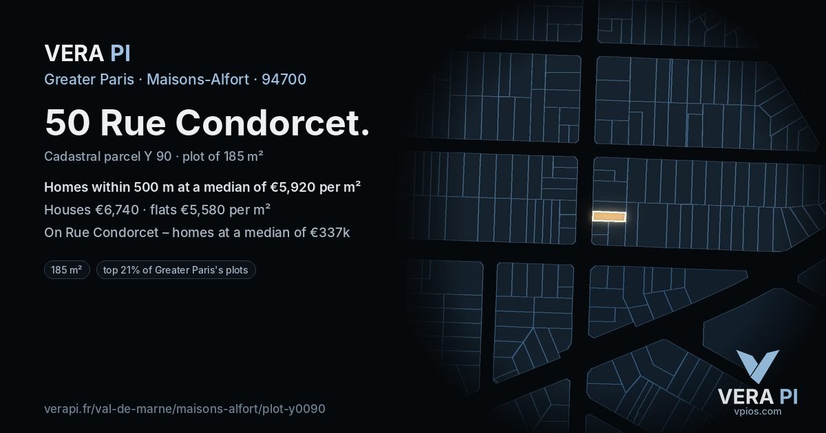 50 Rue Condorcet, Maisons-Alfort at night – the plot lit, the parcels around coloured by the prices near them