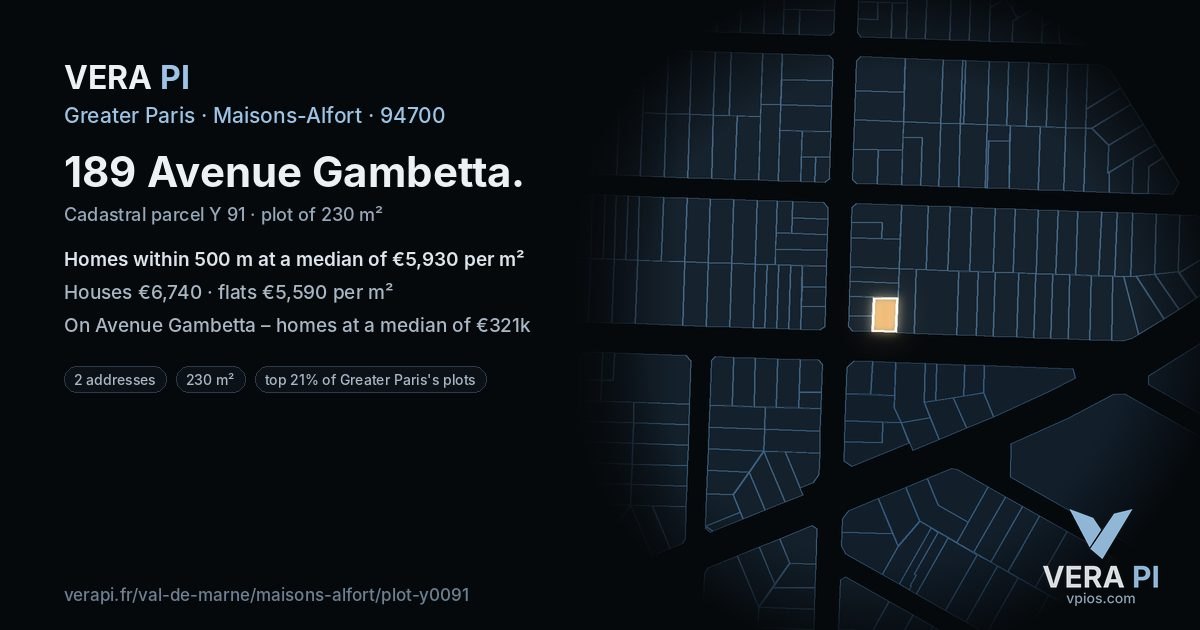 189 Avenue Gambetta, Maisons-Alfort at night – the plot lit, the parcels around coloured by the prices near them