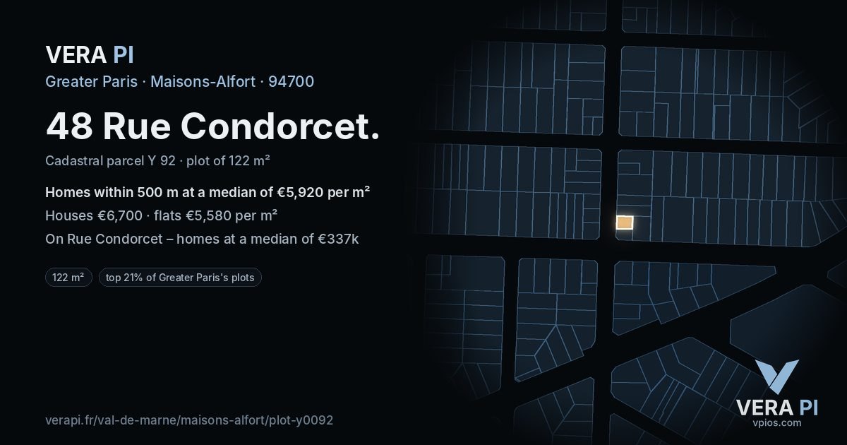 48 Rue Condorcet, Maisons-Alfort at night – the plot lit, the parcels around coloured by the prices near them
