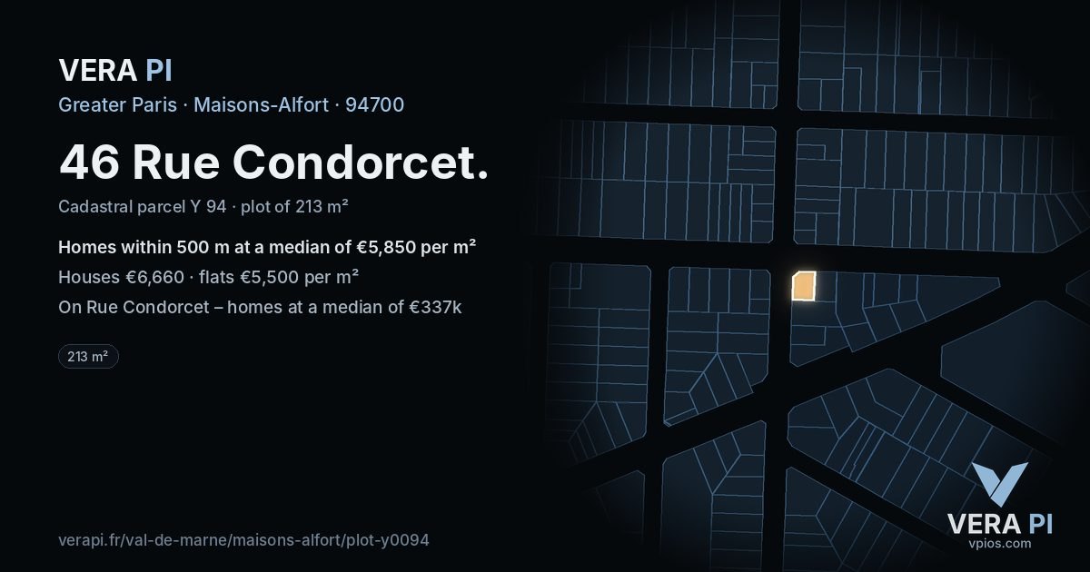 46 Rue Condorcet, Maisons-Alfort at night – the plot lit, the parcels around coloured by the prices near them