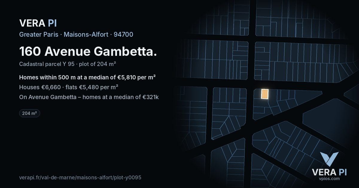 160 Avenue Gambetta, Maisons-Alfort at night – the plot lit, the parcels around coloured by the prices near them