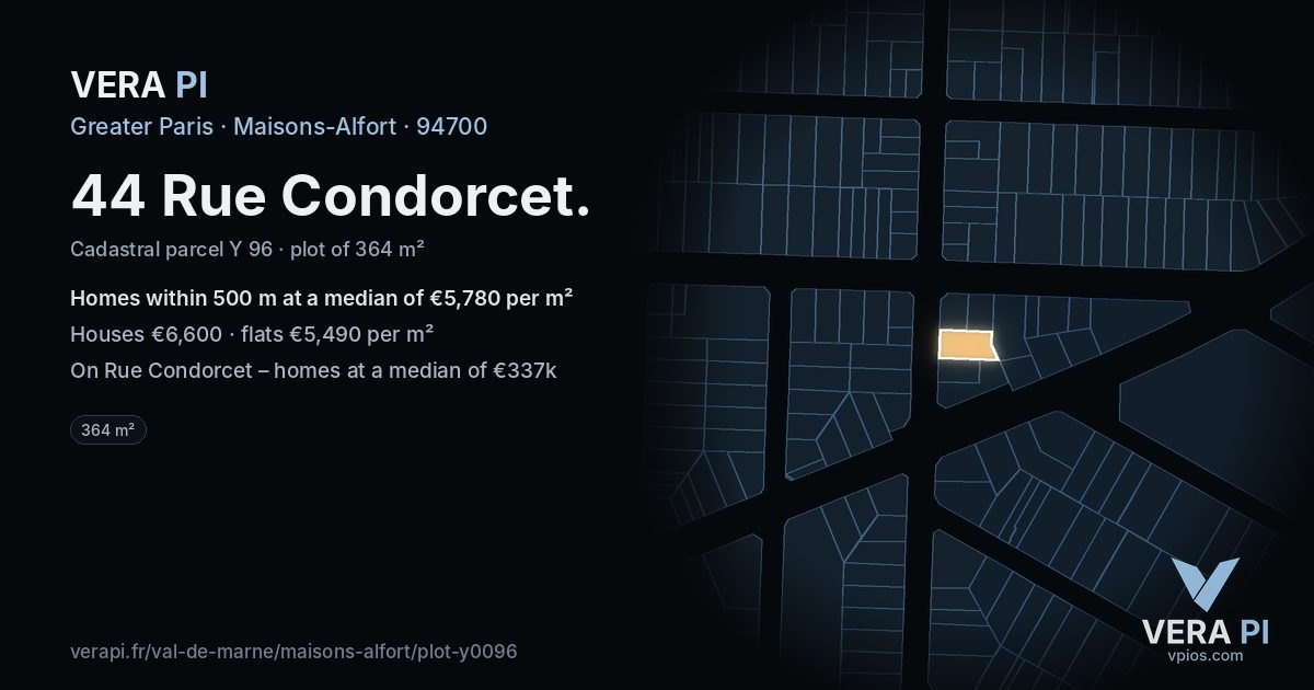 44 Rue Condorcet, Maisons-Alfort at night – the plot lit, the parcels around coloured by the prices near them