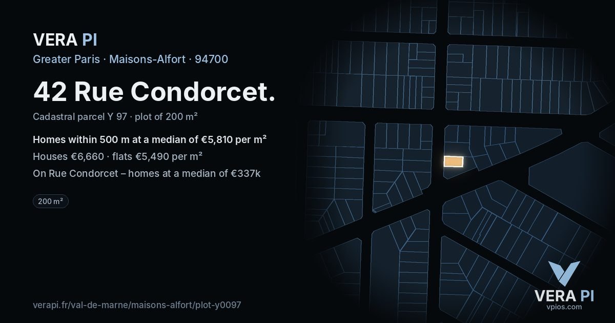 42 Rue Condorcet, Maisons-Alfort at night – the plot lit, the parcels around coloured by the prices near them