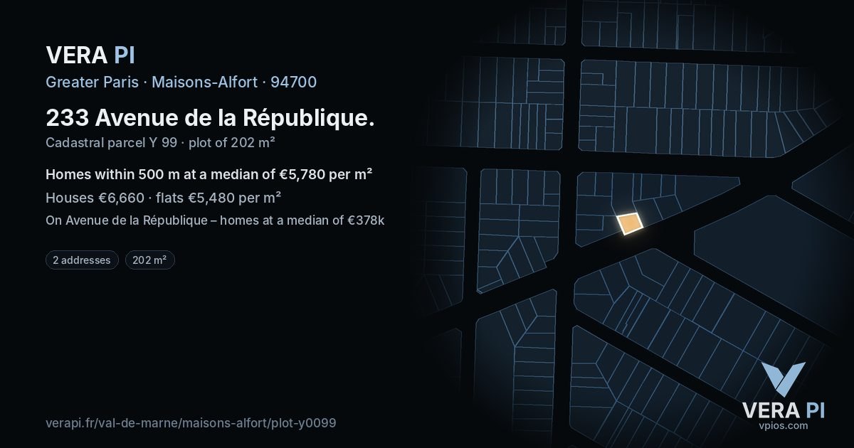 233 Avenue de la République, Maisons-Alfort at night – the plot lit, the parcels around coloured by the prices near them