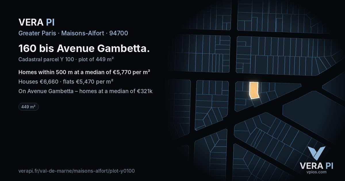 160 bis Avenue Gambetta, Maisons-Alfort at night – the plot lit, the parcels around coloured by the prices near them