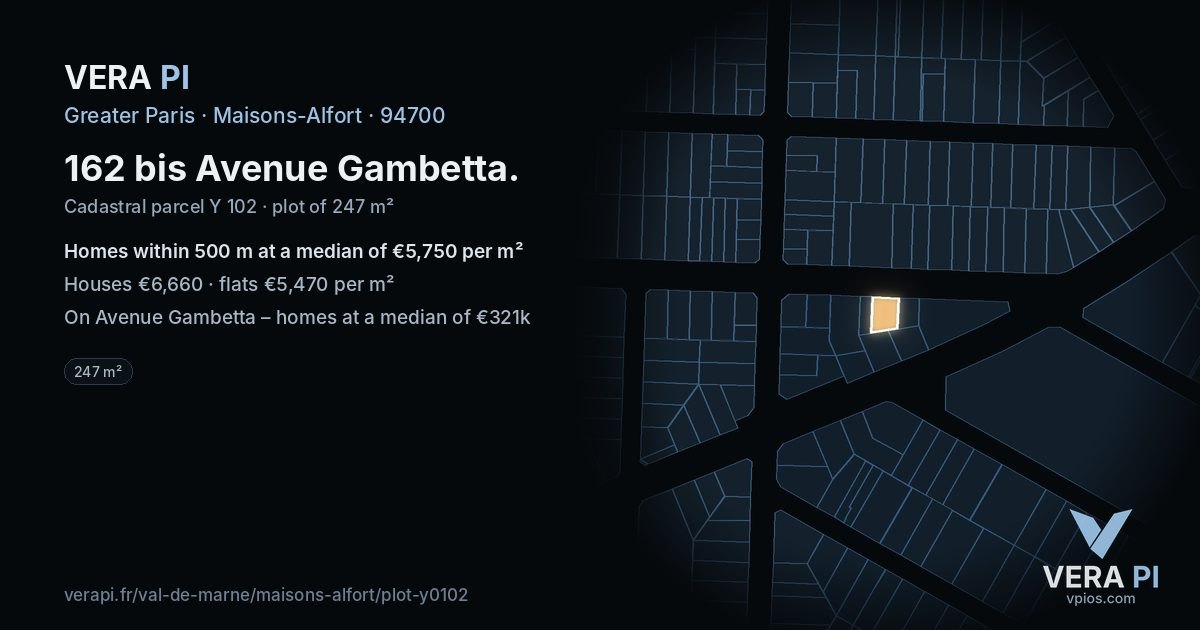 162 bis Avenue Gambetta, Maisons-Alfort at night – the plot lit, the parcels around coloured by the prices near them