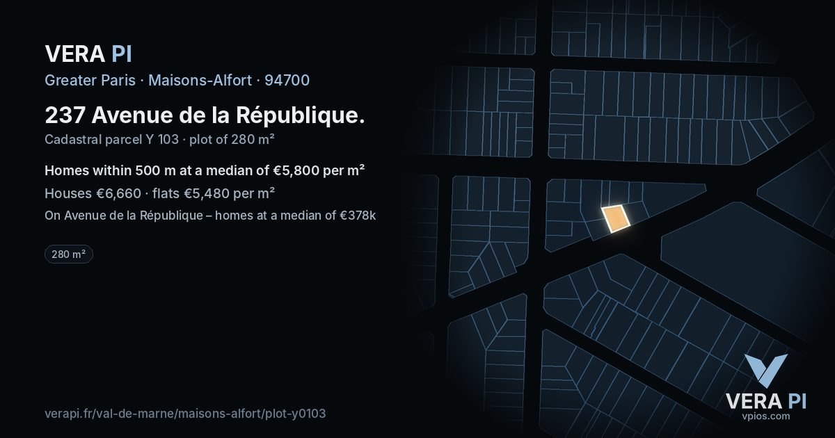 237 Avenue de la République, Maisons-Alfort at night – the plot lit, the parcels around coloured by the prices near them