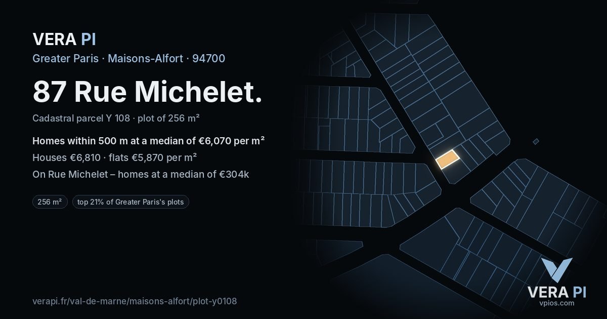 87 Rue Michelet, Maisons-Alfort at night – the plot lit, the parcels around coloured by the prices near them