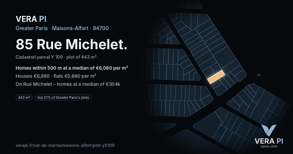 85 Rue Michelet, Maisons-Alfort at night – the plot lit, the parcels around coloured by the prices near them