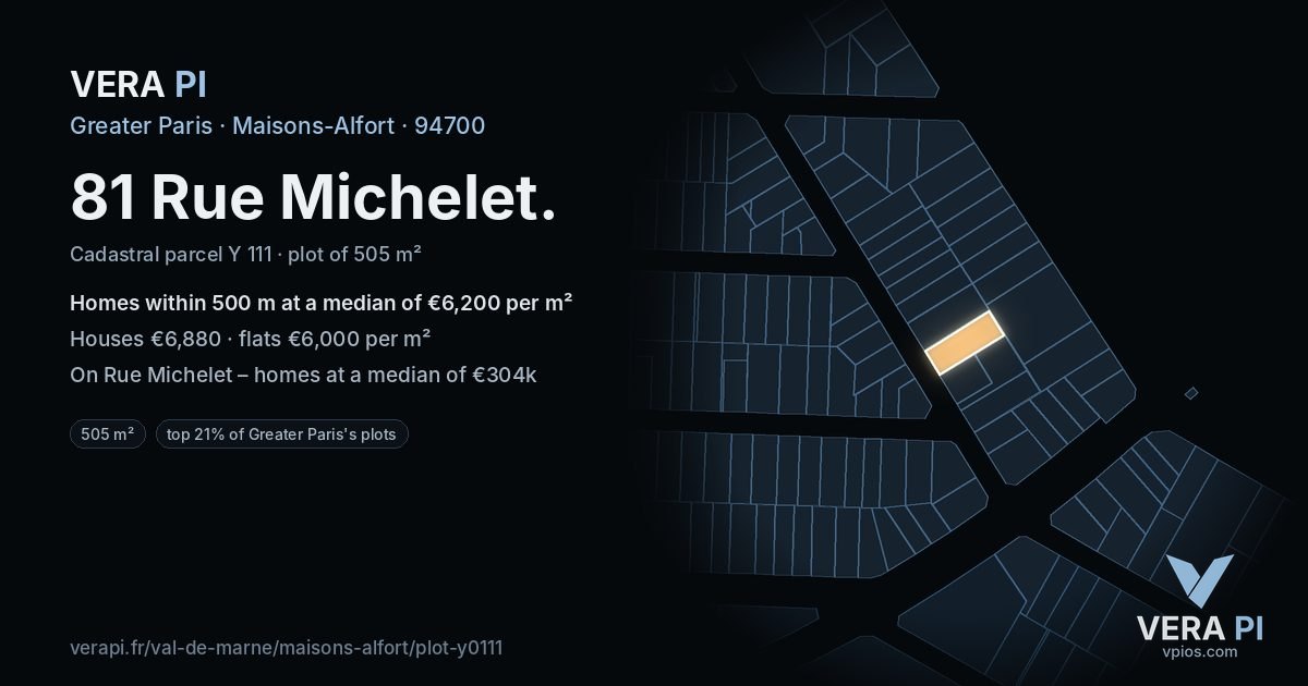 81 Rue Michelet, Maisons-Alfort at night – the plot lit, the parcels around coloured by the prices near them