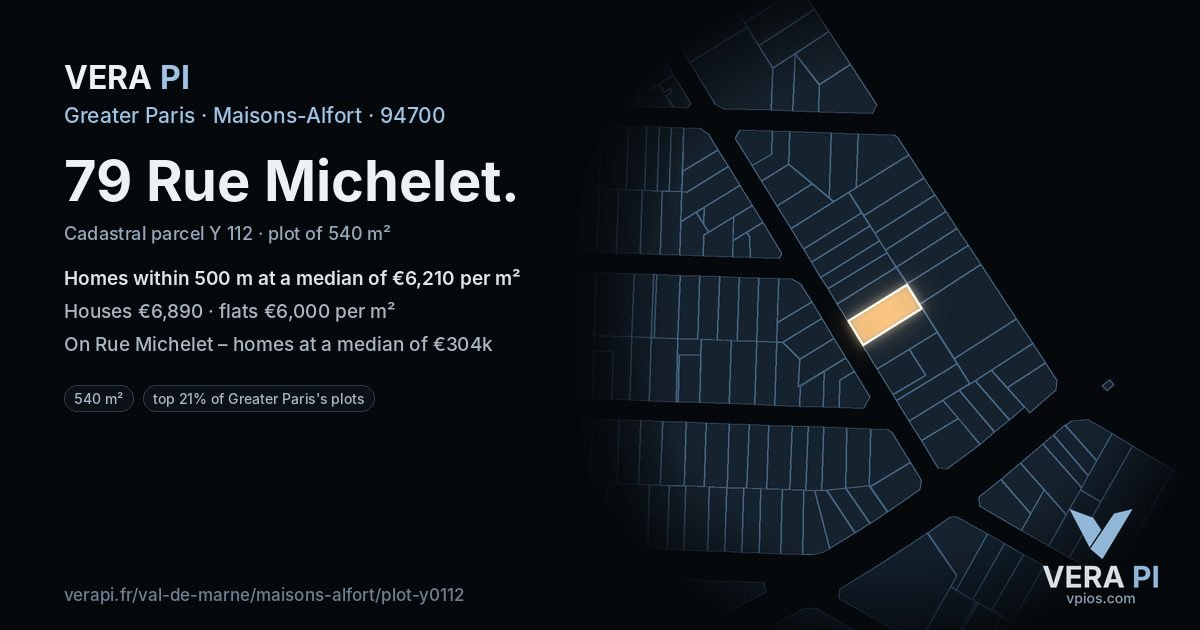 79 Rue Michelet, Maisons-Alfort at night – the plot lit, the parcels around coloured by the prices near them
