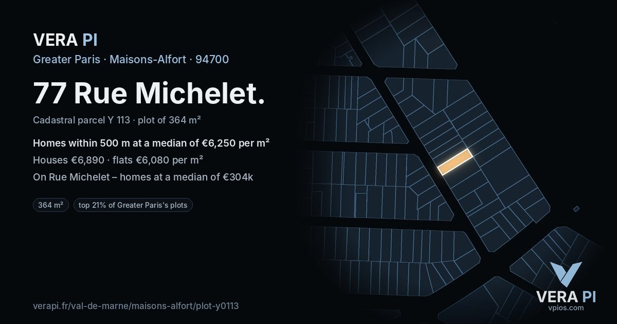 77 Rue Michelet, Maisons-Alfort at night – the plot lit, the parcels around coloured by the prices near them