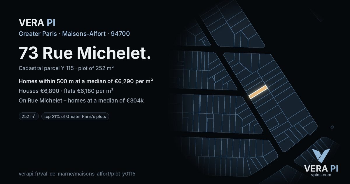 73 Rue Michelet, Maisons-Alfort at night – the plot lit, the parcels around coloured by the prices near them
