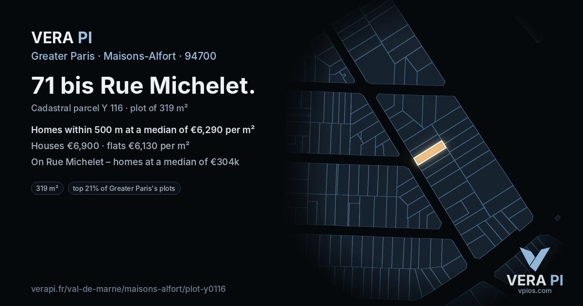 71 bis Rue Michelet, Maisons-Alfort at night – the plot lit, the parcels around coloured by the prices near them